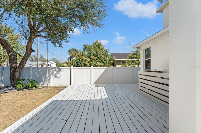 wooden terrace with a fenced backyard