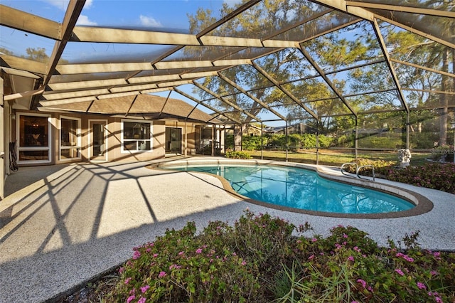 outdoor pool featuring a patio area and glass enclosure