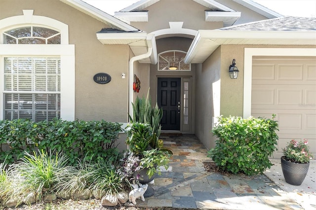 doorway to property with a shingled roof, an attached garage, and stucco siding