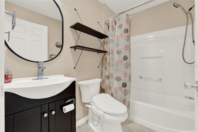full bath with toilet, tile patterned floors, shower / bathtub combination with curtain, and vanity
