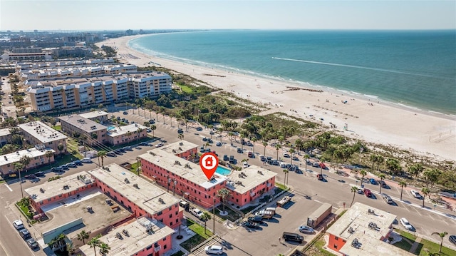 aerial view with a view of the beach and a water view