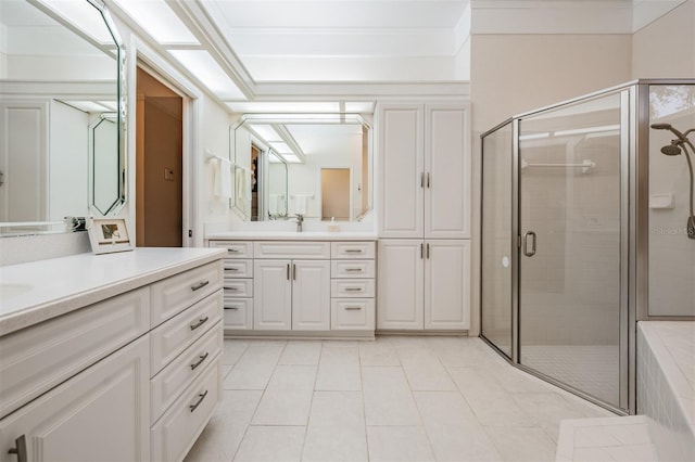 bathroom with a shower stall, ornamental molding, tile patterned flooring, and vanity