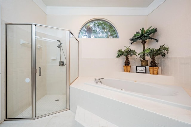 bathroom with a garden tub, a shower stall, tile patterned flooring, and crown molding