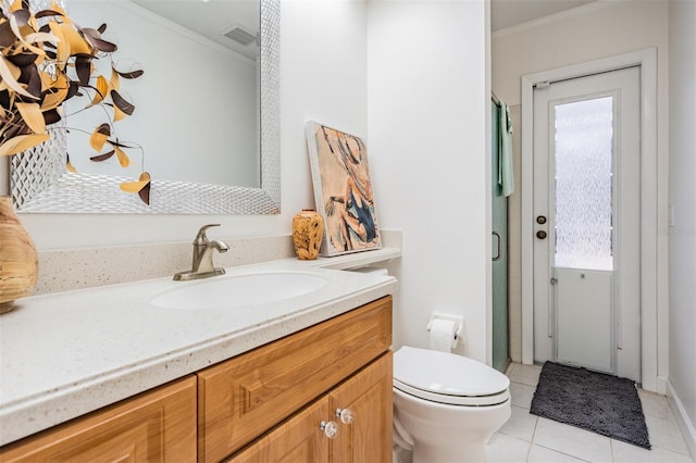 full bath featuring visible vents, toilet, tile patterned flooring, crown molding, and vanity