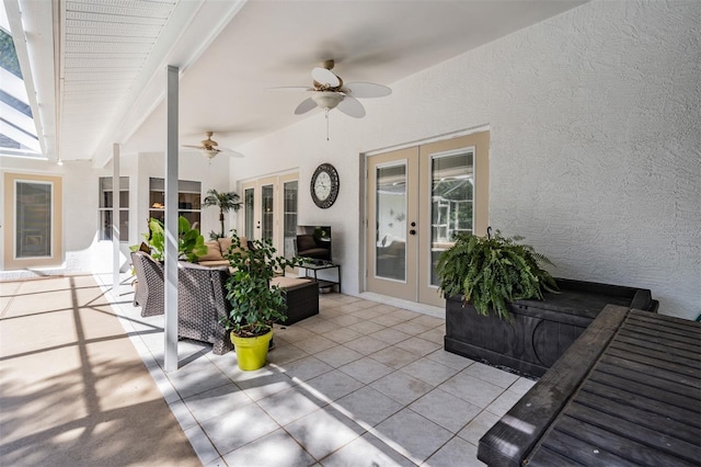 view of patio featuring french doors, outdoor lounge area, and ceiling fan