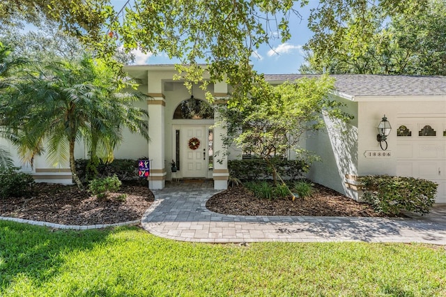 doorway to property with a yard, a shingled roof, and stucco siding