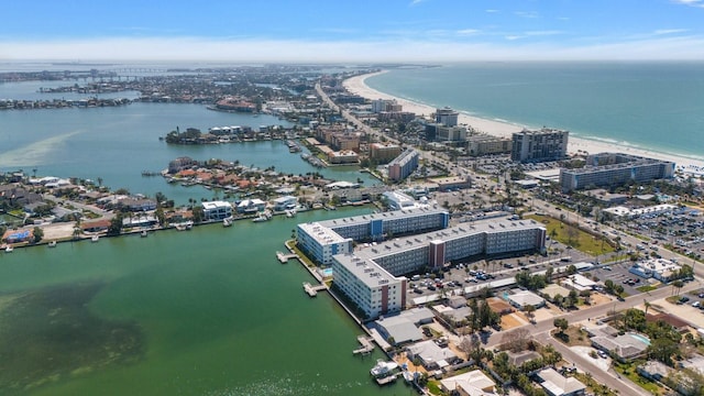 drone / aerial view featuring a water view and a city view