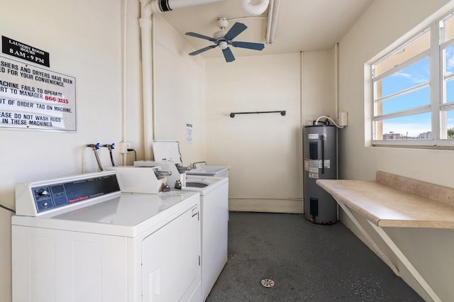 shared laundry area with water heater, ceiling fan, and washing machine and dryer