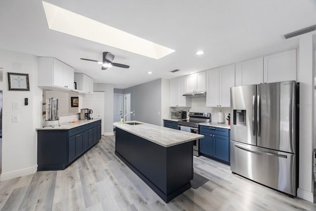 kitchen featuring appliances with stainless steel finishes, a skylight, white cabinetry, and light wood finished floors