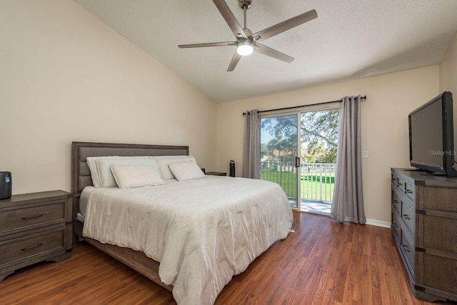 720 Earls Ct, Safety Harbor, FL 34695 - bedroom featuring a ceiling fan, access to outside, vaulted ceiling, and wood finished floors