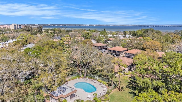 drone / aerial view featuring a water view