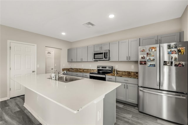 kitchen with wood finished floors, stainless steel appliances, a sink, and gray cabinetry