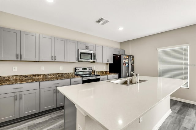 kitchen with a center island with sink, visible vents, appliances with stainless steel finishes, gray cabinets, and a sink