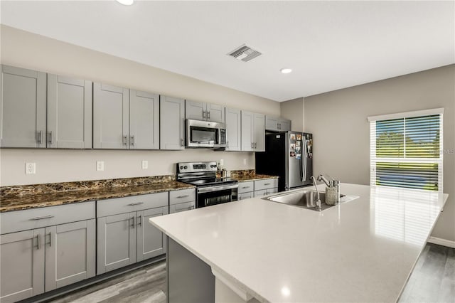 kitchen featuring stainless steel appliances, visible vents, a sink, and gray cabinetry