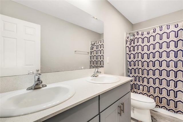 full bathroom with double vanity, a sink, toilet, and a shower with curtain