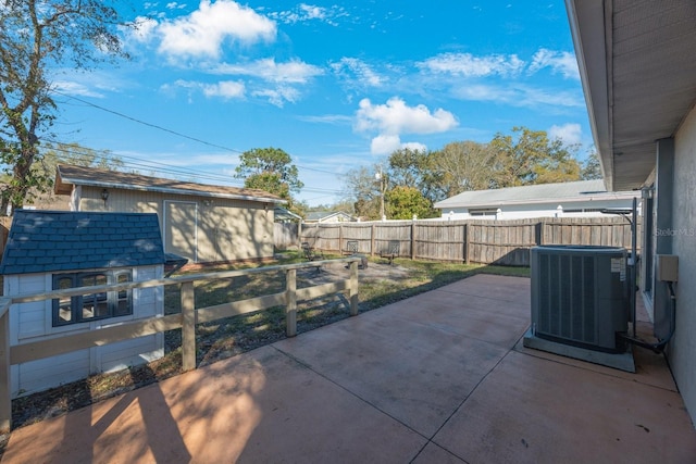 view of patio with a fenced backyard and central air condition unit