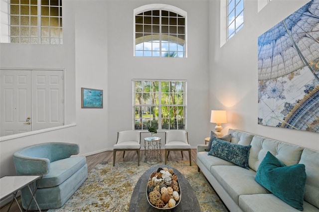 living area with wood finished floors, baseboards, and a towering ceiling