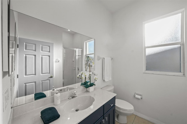 bathroom with tile patterned floors, toilet, a stall shower, baseboards, and vanity