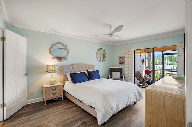 bedroom with access to outside, ornamental molding, and wood finished floors