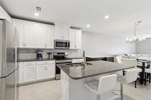 kitchen featuring white cabinets, visible vents, a sink, stainless steel appliances, and backsplash