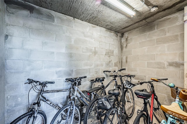 garage with concrete block wall and bike storage