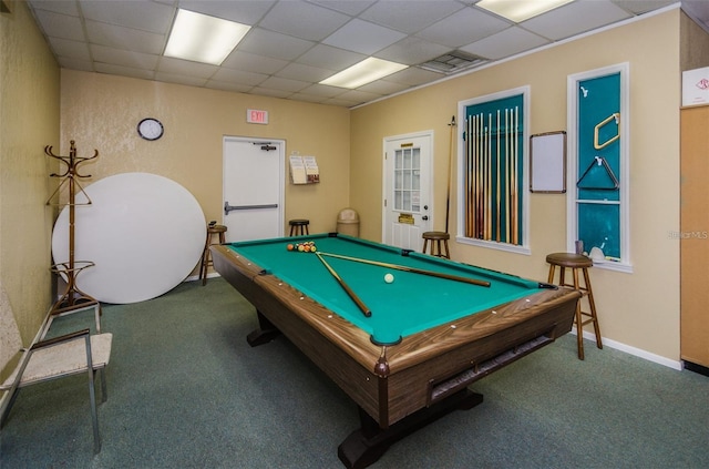 rec room featuring visible vents, carpet floors, baseboards, pool table, and a paneled ceiling