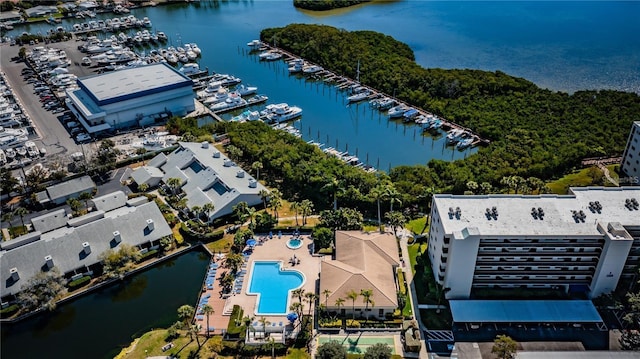 aerial view featuring a water view