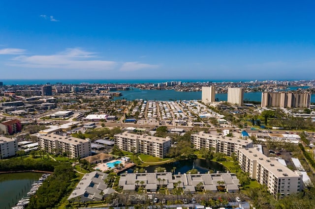 aerial view with a city view and a water view