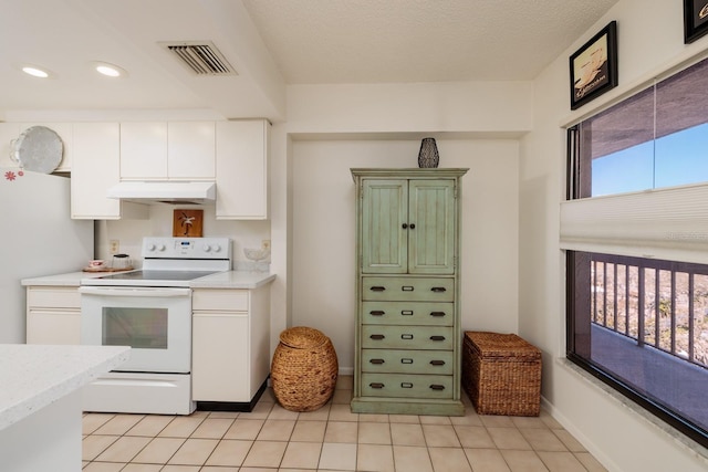 kitchen featuring white appliances, plenty of natural light, visible vents, and under cabinet range hood