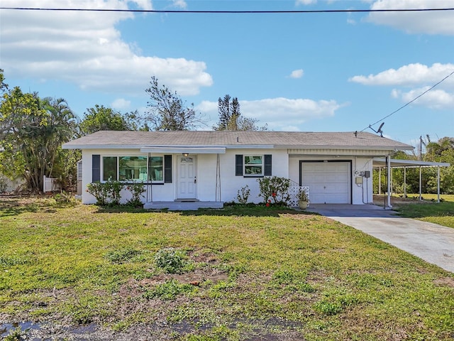 single story home with a front yard, concrete driveway, and an attached garage