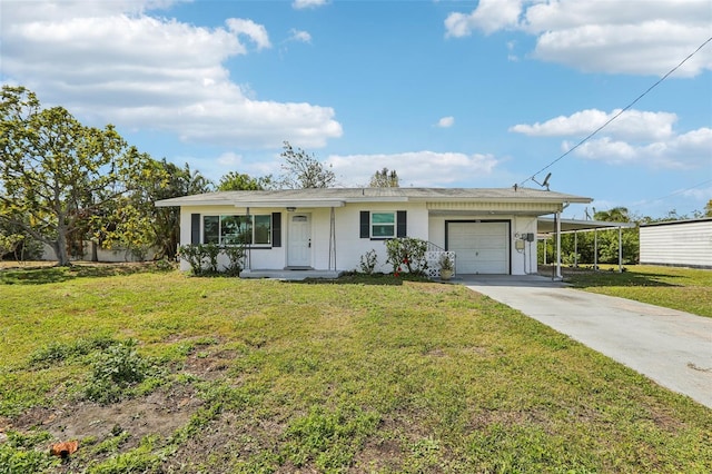 ranch-style house featuring a garage, concrete driveway, and a front yard