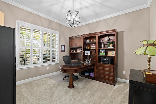 office area with baseboards, ornamental molding, an inviting chandelier, and light colored carpet