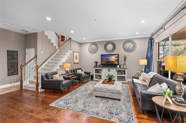 living room featuring recessed lighting, baseboards, stairs, ornamental molding, and dark wood finished floors