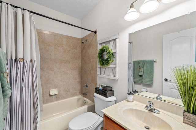 bathroom with toilet, a textured ceiling, shower / bath combination with curtain, and vanity