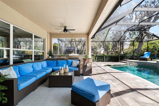 sunroom with a pool, beamed ceiling, and a ceiling fan