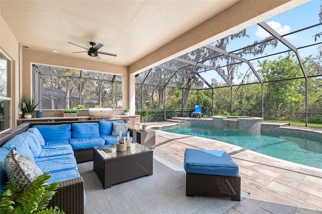 exterior space with glass enclosure, a patio area, and an outdoor living space