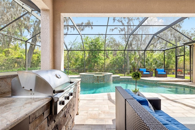 view of pool with a pool with connected hot tub, an outdoor living space, area for grilling, and a patio