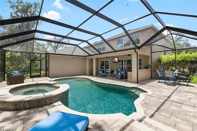 15912 Ternglade Dr, Lithia, FL 33547 - view of pool with a patio area, an outdoor living space, a pool with connected hot tub, and glass enclosure