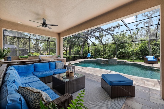 15912 Ternglade Dr, Lithia, FL 33547 - view of pool with an outdoor living space, a patio, glass enclosure, and a ceiling fan