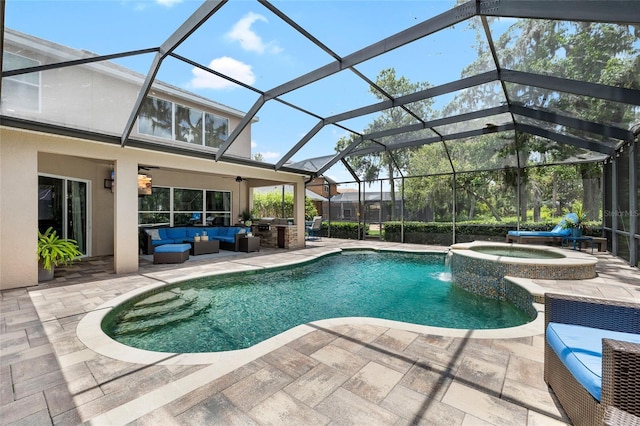 15912 Ternglade Dr, Lithia, FL 33547 - view of pool featuring an outdoor living space, a patio area, glass enclosure, and a pool with connected hot tub