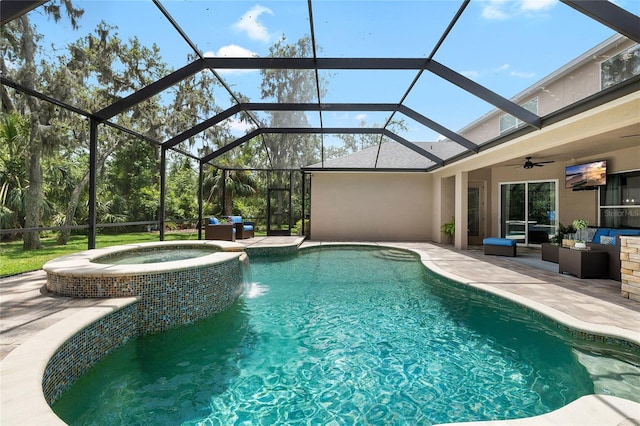 15912 Ternglade Dr, Lithia, FL 33547 - view of pool with an outdoor living space, a patio area, ceiling fan, a pool with connected hot tub, and glass enclosure