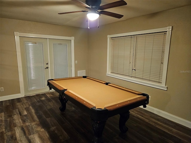 recreation room featuring french doors, a ceiling fan, wood finished floors, billiards, and baseboards