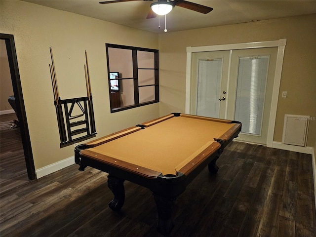 playroom featuring billiards, baseboards, a ceiling fan, wood finished floors, and french doors