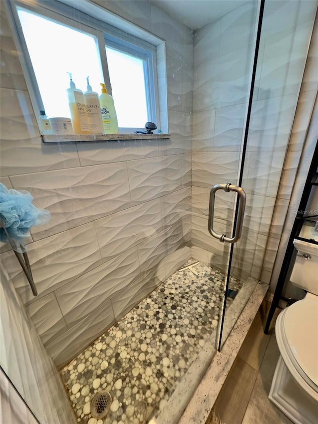 bathroom with a shower stall and toilet