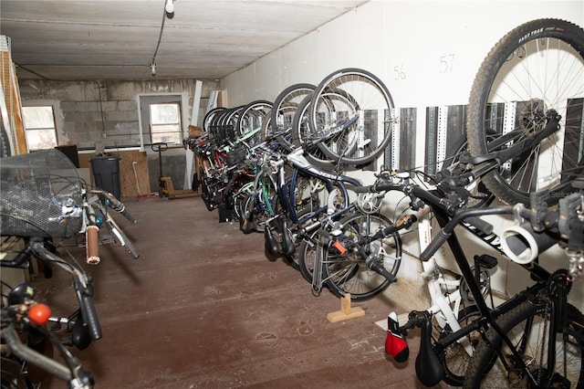 garage featuring concrete block wall and bike storage