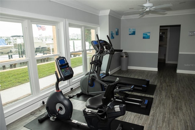 exercise room featuring baseboards, ornamental molding, ceiling fan, and wood finished floors