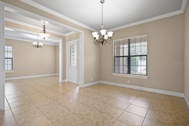 empty room with baseboards, an inviting chandelier, and ornamental molding