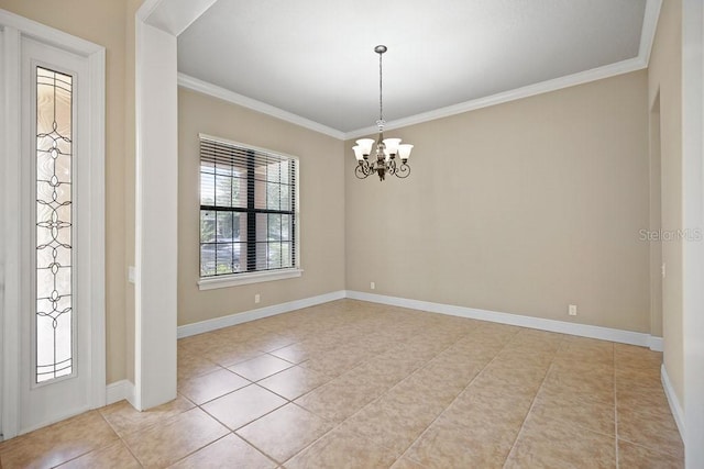 entryway with light tile patterned floors, baseboards, a chandelier, and crown molding