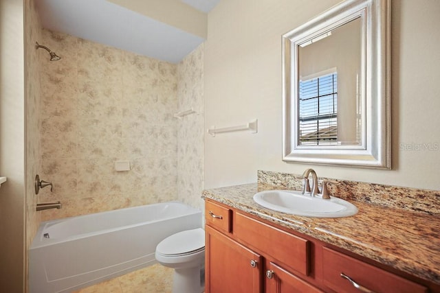 full bath featuring tile patterned flooring, toilet, vanity, and bathtub / shower combination