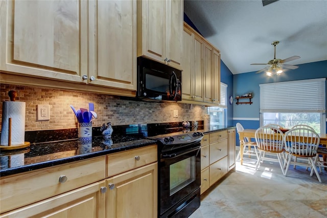 kitchen featuring lofted ceiling, black appliances, a wealth of natural light, and light brown cabinetry